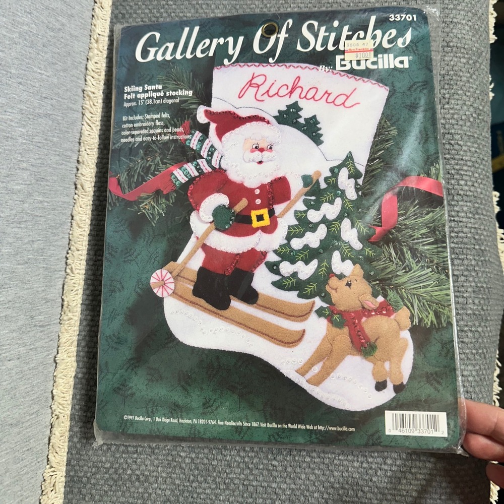 Vtg Bucilla Skiing Santa Felt Applique Stocking Kit 33701 Gallery of Stitch 15"
